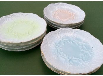 SET OF 11 ANTIQUE PORCELAIN SHELL & CORAL PLATES (or Saucers): 5.25' Diameter, 3 Pastel Colors