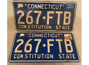 Pair Of Old CT Connecticut License Plates Blue White Constitution State 267 FTB
