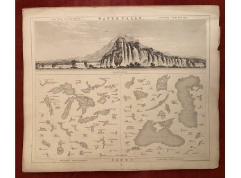 Antique Waterfalls Lakes E & W Hemisphere Engraving Archer Pentonville Drawn Russell Published Collins London