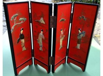 ASIAN GEISHA WOODEN RED LAQUER TABLE TOP 4 PANEL SCREEN: Vintage Hand Painted, Chinese Or Japanese, Reversable