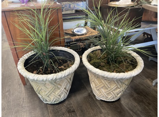 Pair Of Two Large Indoor / Outdoor Planters With Imitation Green Plants