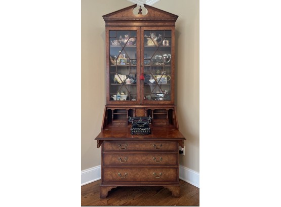 Stunning Scully & Scully Secretary Desk- Burr Yew Wood, 5 Drawers, Book & Collectibles Upper Display Cabinet
