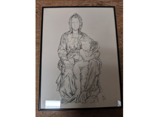 Framed And Signed Mother Mary And Jesus Print Of Drawing