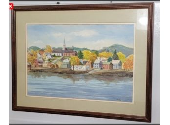 Beautiful Framed Original Watercolor Painting Of A Lovely Community Along The Waterfront