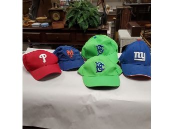 Lot Of 8 Embroidered Sports Team Caps- Hats- NY Giants, NY Mets, Philadelphia Phillies, & 5 Neon Green BC Team