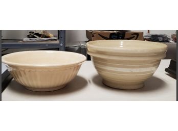 Two Gorgeous Antiqued Large Tan & White Ironstone Mixing Bowls