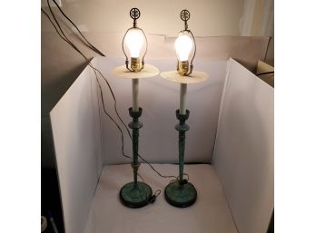 Pair Of Bronzed Metal Pedestal Candlestick Holder Lamps