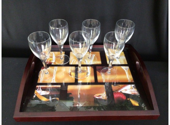 Contemporary  Wood Serving Tray And Six Quality Wine Glasses