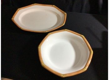 Pair Hand Painted Italian Ceramic Bamboo Style Serving Dishes Made For Lux Bond & Green