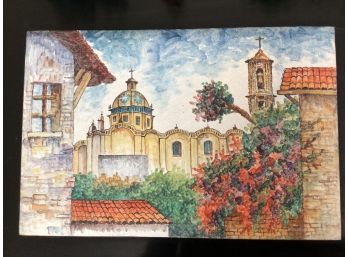 Mexican Hand Painted With Porcelain Enamels Tile Plaque Featuring A City Landscape With Church