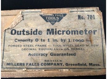 Millers Falls Tools Number 701 Outside Micrometer Greenfield MA Vintage