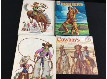 Vintage Cowboys  Lot Including Playskool Tray Puzzles And Books Pioneers