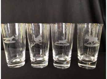 Lot Of 4 Etched Wildlife Glasses Moose  Pheasant Fox Hare