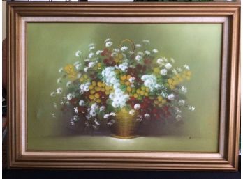 Large Framed Painting Of A Basket Of Flowers Signed Hilton