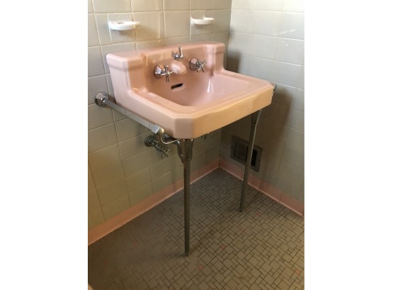 A Vintage 1950s American Standard Porcelain Pink And Chrome Sink