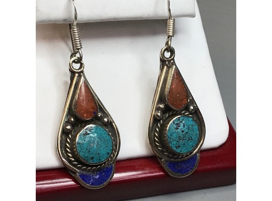 Beautiful 925 / Sterling Silver / Turquoise & Coral Earrings - All Handmade In Bali - Very Nice Pair !