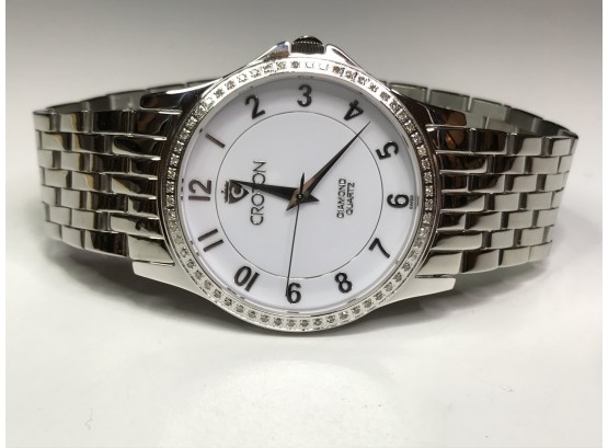Fantastic Brand New $375 CROTON Mens / Unisex Diamond Collection Watch - All Stainless With Diamonds - Nice !