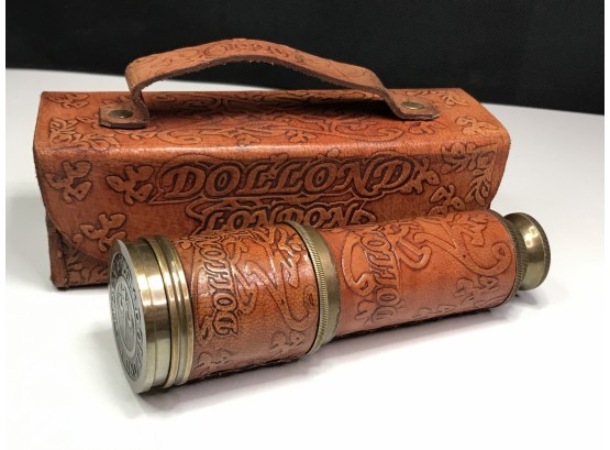 Fantastic Antique Style Decorative Brass 17' Telescope DOLLOND 1920 Style In Ornate Tooled Leather Case
