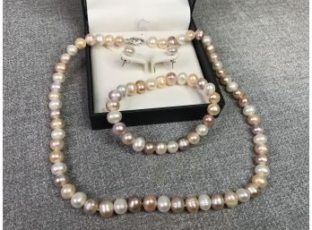 Lovely Cultured Baroque Pearl Necklace, Bracelet & Earrings - Lovely Pinkish Color With Sterling Clasp