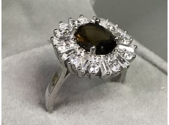 Truly Fabulous 925 / Sterling Silver Ring With Smokey Topaz Encircled With Sparkling White Zircons WOW !