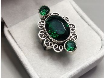 Very Unusual Style Sterling Sliver / 925 Ring With Three Russian Chrome Diopside Stones - Very Pretty Ring