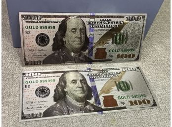 Two Sterling Silver $100 Bills - Incredible Details - Genuine Sterling Silver Foil - Encased In Clear Mylar