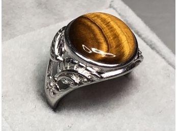 Wonderful Sterling Silver / 925 Ring With Leaf Design And Perfectly Round Polished Tiger Eye - Great Look !