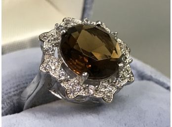 Very Nice Sterling Silver / 925 Ring With Smokey Quartz Encircled With White Zirconia - Great Looking Ring
