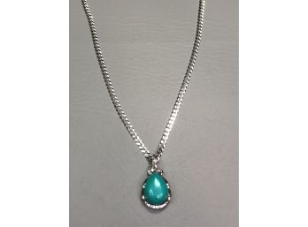 Very Pretty Sterling Silver / 925 Turquoise Pendant With Zircons On 20' Italian Sterling Silver Necklace