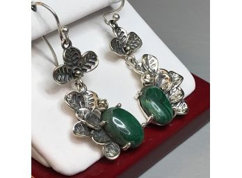 Very Unusual 925 / Sterling Silver & Malachite Earrings - Cute Floral Design - Very Nice Pair - All Handmade