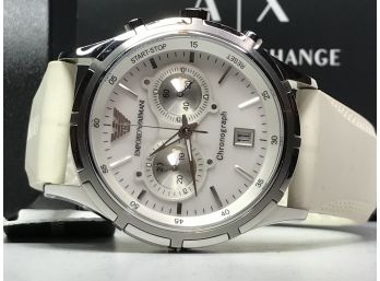 Handsome Brand New $495 GIORGIO ARMANI / EMPORIO Chronograph Watch With White Silicone Strap - Beautiful Watch