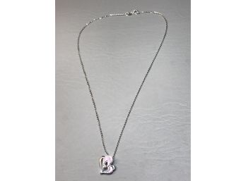 Very Pretty 18K White Gold 16' Necklace With Enamel Flower Pendant - Pendant Is Also 18K White Gold - WOW !