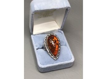 Beautiful 925 / Sterling Silver Ring With Teardrop Baltic Amber - Pretty Ring - Nice Details - All Handmade