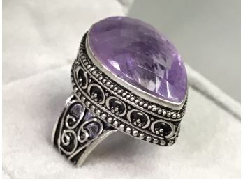 Lovely Vintage Style 925 / Sterling Silver Cocktail Ring With Natural Purple Quartz & Beautiful Filigree