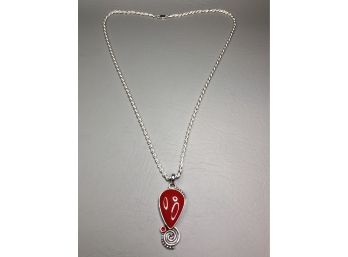 Gorgeous 925 / Sterling Silver Retro Modern Coral Pendant On Beautiful 22' Italian Sterling Silver Chain