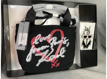 Fantastic Brand New $195 Retail KARL LAGERFELD Handbag With Bonus Purse Charm / Key Chain In Lovely Gift Box