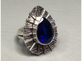 Fabulous All Handmade Sterling Silver / 925 Teardrop Shaped Ring With Intense Navy Blue Topaz - VERY PRETTY !
