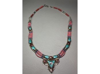 Incredible Sterling Silver / 925 Necklace - Handmade In Bali With Coral / Turquoise & Other Stones - WOW !