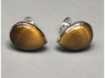 Fabulous 925 / Sterling Silver Cuff Links With Teardrop Tiger Eye - Beautiful Pair - Would Make Great Gift