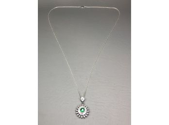 Wonderful Sterling Silver / 925 Pendant With Emerald On Beautiful 24' Sterling Silver Chain - Made In Italy