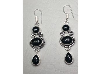 Wonderful 925 / Sterling Silver Drop Earrings With Black Onyx - Very Pretty Pair - Lovely Silver Rope Details