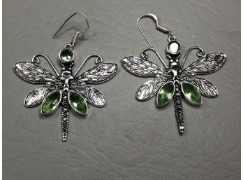 Very Unusual 925 / Sterling Silver Dragon Fly Earrings With Light Green Topaz - Very Pretty Earrings !
