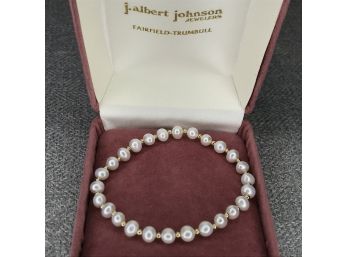Fabulous Genuine Cultured Pearl Bracelet With 14kt Gold Beads - Nice Round & White Pearls - Small Size