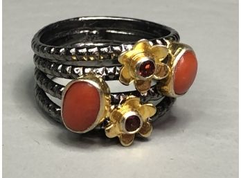 Beautiful Blackened Sterling Silver / 925 Ring With Italian Coral & Garnet With Gold Flowers ALL HANDMADE