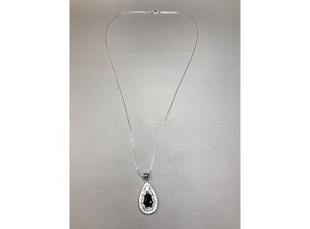 Wonderful 925 / Sterling Silver Necklace With Teardrop Sterling Pendant With Onyx & White Sapphires - Wow !