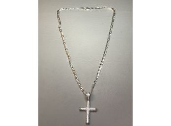Very Nice Unisex 925 / Sterling Silver Crucifix With Zircons On 16' Italian 925 / Sterling Chain Made In Italy