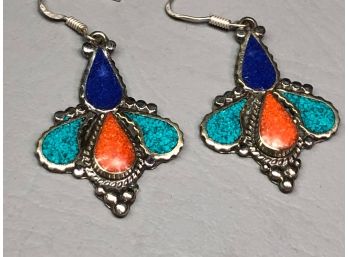 Fabulous Pair Vintage Style Sterling Silver / 925 Earrings With Turquoise & Lapis Lazuli - Handmade In Bali