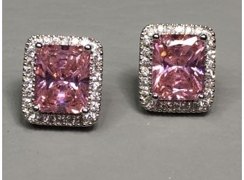 Beautiful Sterling Silver / 925 Square Earrings With Sparkling Pink Tourmaline Encircled With White Topaz