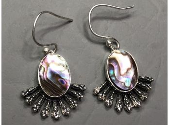 Super Unusual Design - Vintage Style Sterling Silver / 925 Earrings With Abalone - Very Interesting Pair