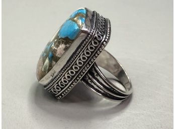 Lovely Sterling Silver / 925 Cocktail Ring With Copper Blue / Green Turquoise - Pretty Filigree Silver Work